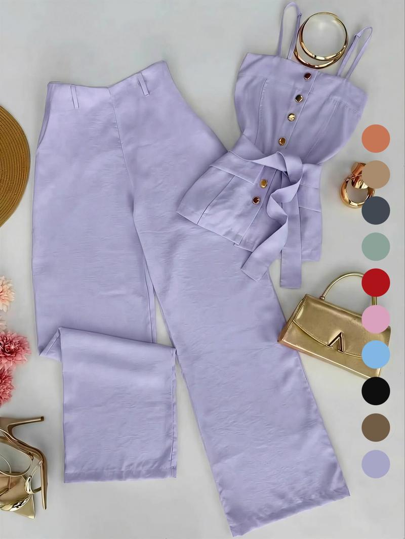 New Women's Solid Color Strappy Top & Long Pants Two-Piece Set, Versatile Casual Wear, Comfortable and Stylish, Perfect for Daily Use