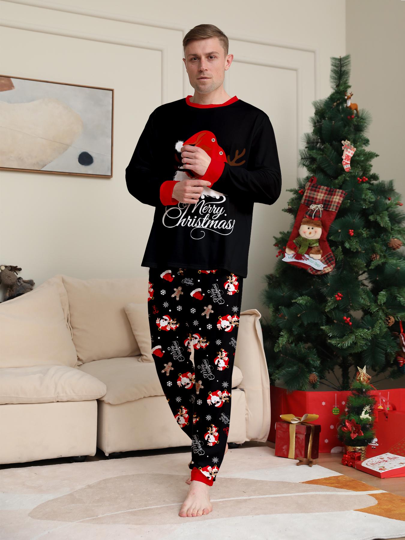 Matching Family Christmas Long Sleeve Pajama Set, Matching Outfits for Adults & Kids, Color Block Cuffed Loungewear, Couple & Family Matching Sleepwear, Color Contrast Raglan Sleeve Xmas Family PJs, Soft Comfy Home Wear for Families of 3 or 4