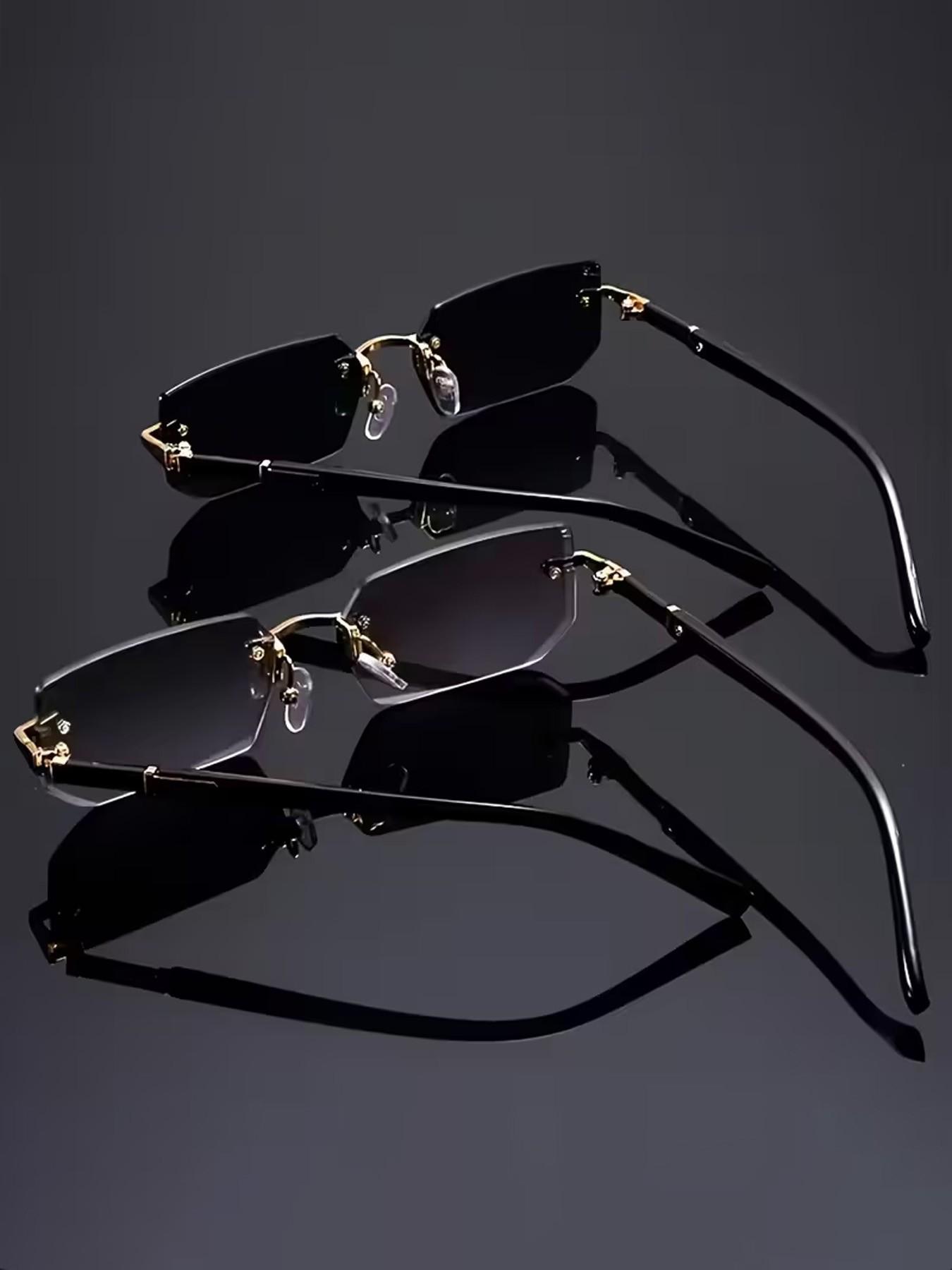 2 Pcs Fashionable Sunglasses, Yk2 Style Frameless Cut Edge Glasses, Unisex Summer Party Vacation, Includes Cleaning Cloth