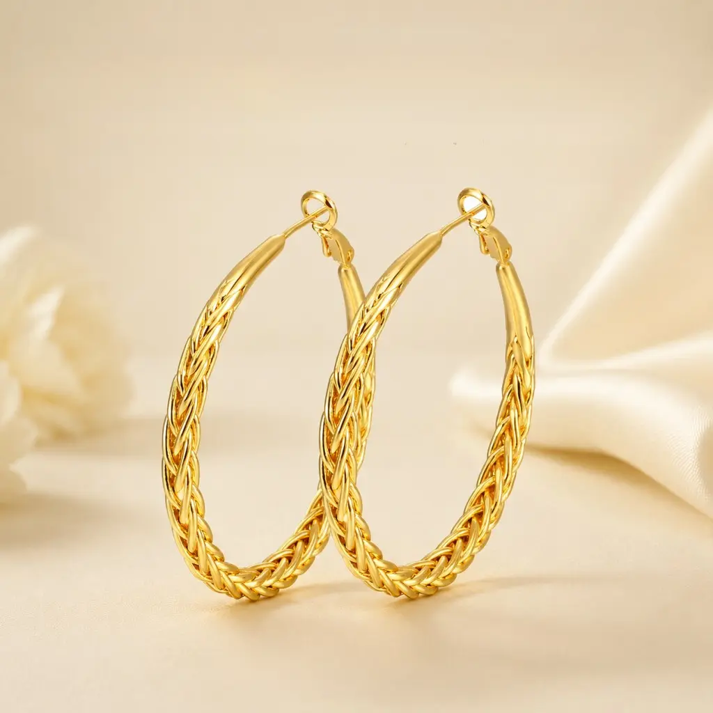 18K Gold Plated Braided Hoop Earrings for Women, Hypoallergenic S925 Silver Post Woven Twist Large Circle Huggie Hoops, 30/40/50/60MM Multiple Sizes Lightweight Fashion Open Loop Ear Jewelry, Everyday Wear Statement Accessories Gift for Her Party Wedding