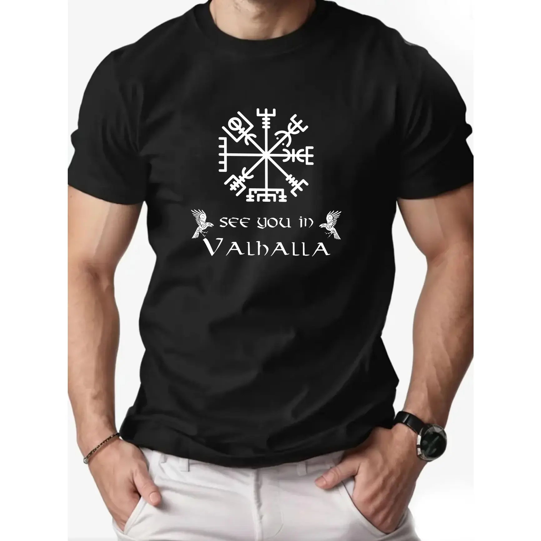 See You In Valhalla Viking Compass Graphic Cotton T-Shirt, Nordic Rune Oversized Comfort Outfit, Viking Raven Tee, Ideal Gift For Viking Culture Fans