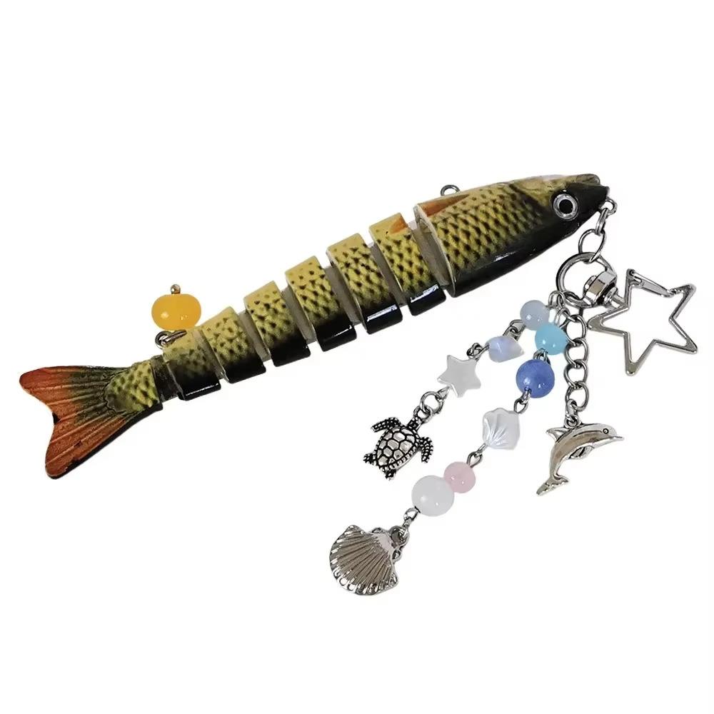 Novelty Fish Keychain, Fishing Enthusiasts Creative Bait Keychain, Jointed Design Fish Keyring with Beaded Charm, Realistic Lure Keychain for Bag Backpack, Good Luck Aesthetic Fish bag Pendant Trinket, Kawaii Keychain Style Accessory