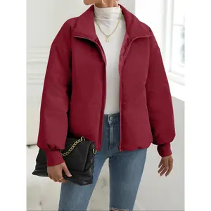Women's Plain Funnel Neck Zip Up Puffer Woven Coat, Casual Fashion Drop Shoulder Long Sleeve Coat for Daily Outdoor Wear, Women Winter Clothing