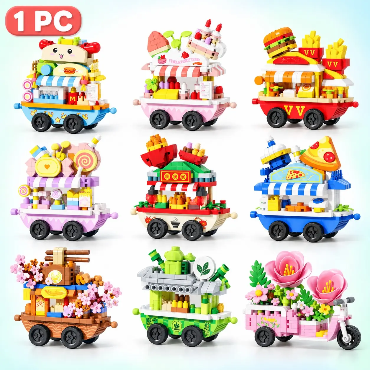 1 PC Mini Building Blocks Food Truck, Micro Brick Street Food Cart Model Kit, Burger Pizza Hot Dog Candy Ramen Matcha Dessert and Flower Shop Styles, DIY Construction Toy, Collectible Desk Decor Gift for Teens and Adults