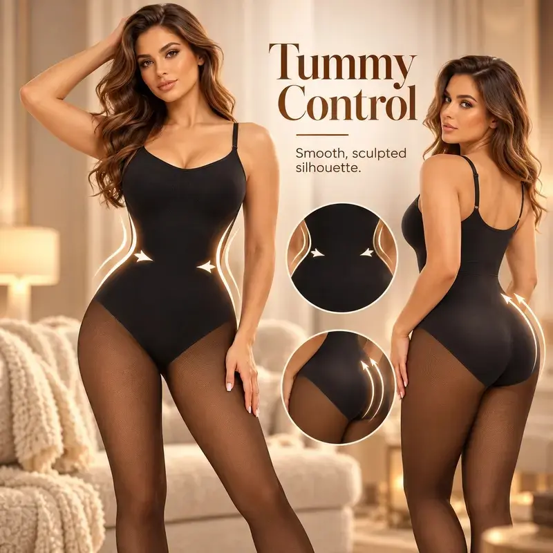 Women's Fleece Lined Shapewear Bodysuit with Tights, Tummy Control One Piece Body Shaper, V Neck Adjustable Straps, Faux Sheer Thermal Pantyhose, Open Gusset Design, Warm Sculpting Underwear for Fall Winter Dresses and Skirts