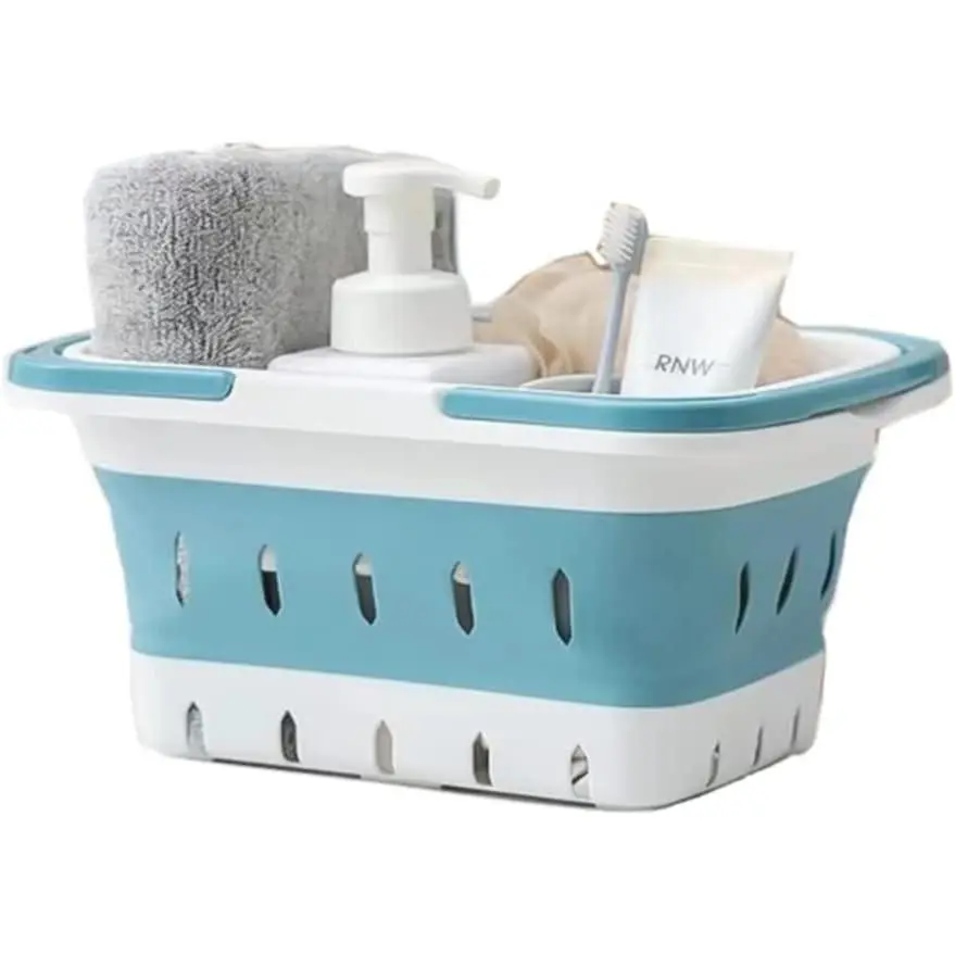 Foldable Plastic Caddy Basket for Cleaning Supplies, Collapsible Storage Organizer with Handles, 2 in Folded Height for Bathroom, Kitchen, Dorm, Gym, Blue 1 Pack