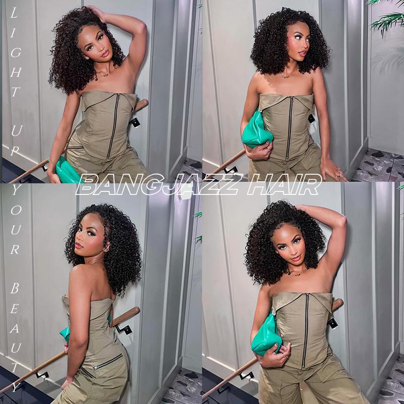BangJazz Brown Short Kinky Curly Ready To Wear Glueless Wigs Pre Cut Lace Bleachde Konts Closure Wigs Human Hair Wig Lace Front Wigs Pre Plucked For Women