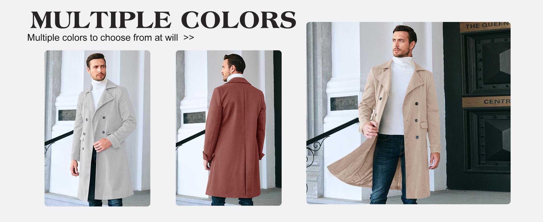 Runcati Men's Notch Lapel Double Breasted Long Trench Coat Casual Cotton Blend Peacoat