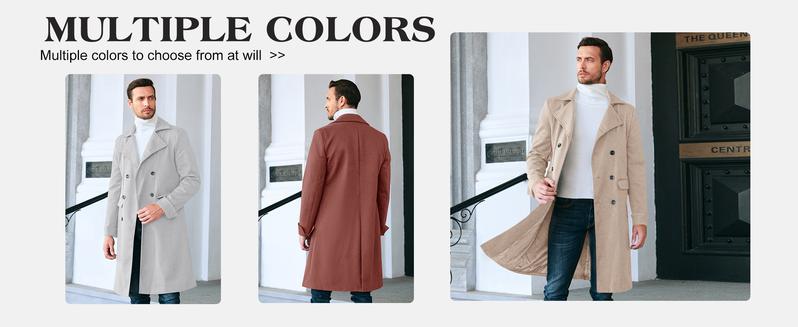 Runcati Men's Notch Lapel Double Breasted Long Trench Coat Casual Cotton Blend Peacoat