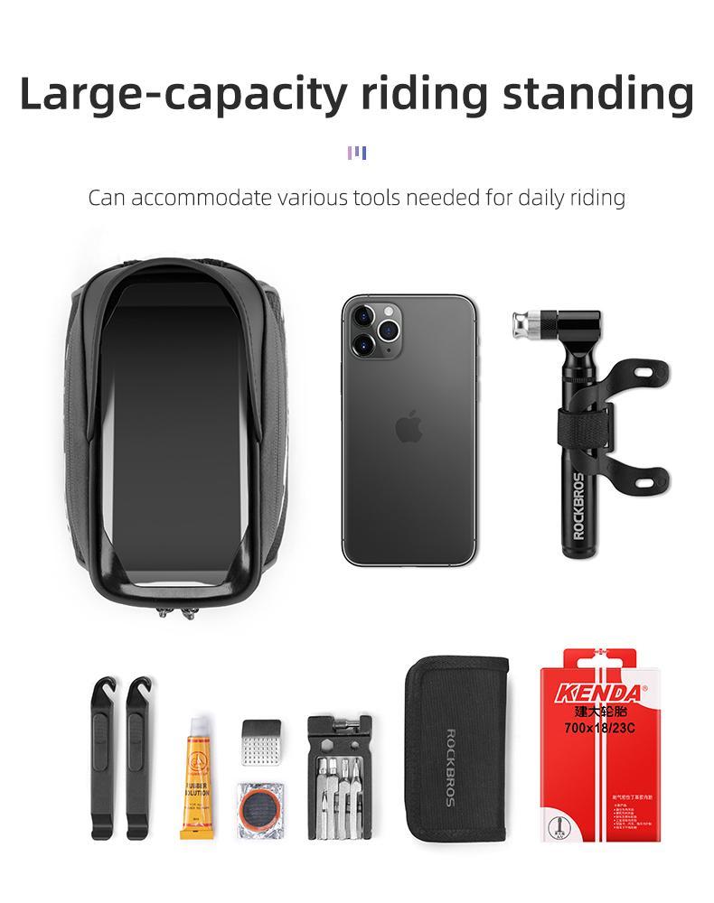 ROCKBROS Bike Phone Front Frame Bag Top Tube Bike Bag Bicycle Handlebar Bag Cell Phone Holder Mount Bag Cycling Accessories Storage Pouch for Phone 15 16  Pro  Max  Below 7.2”