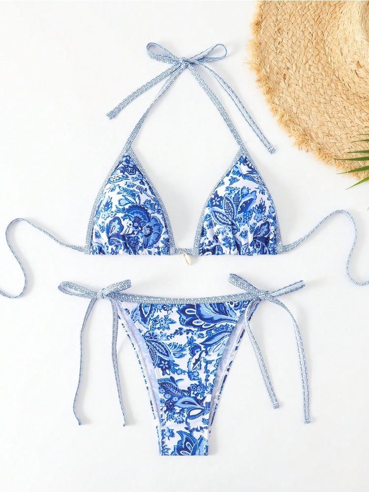 Women's Bikini Set with Adjustable Straps, Sexy Vacation Beachwear, Printed Halter Neck Swimsuit, Spring Summer 2026 Fashion