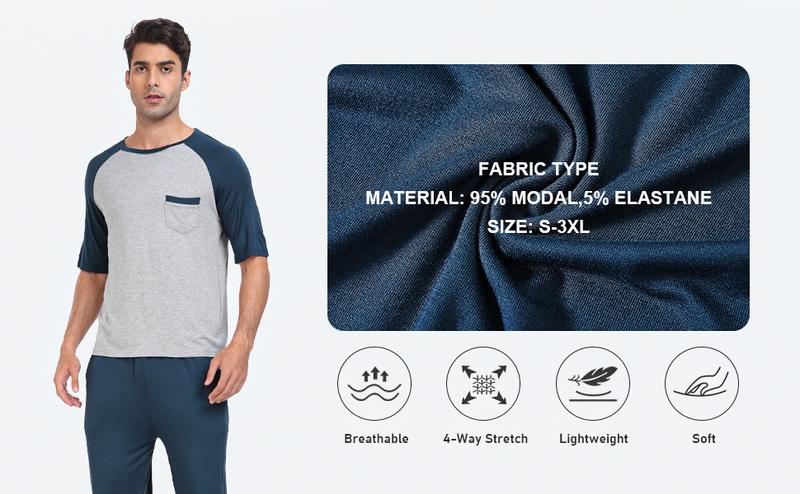 MoFiz Men's Pajamas Set Short Sleeve Bottom PJ's Pants Bedroom Pijama Sleep Night Suit 2 Piece Pjs Set Ultra Soft