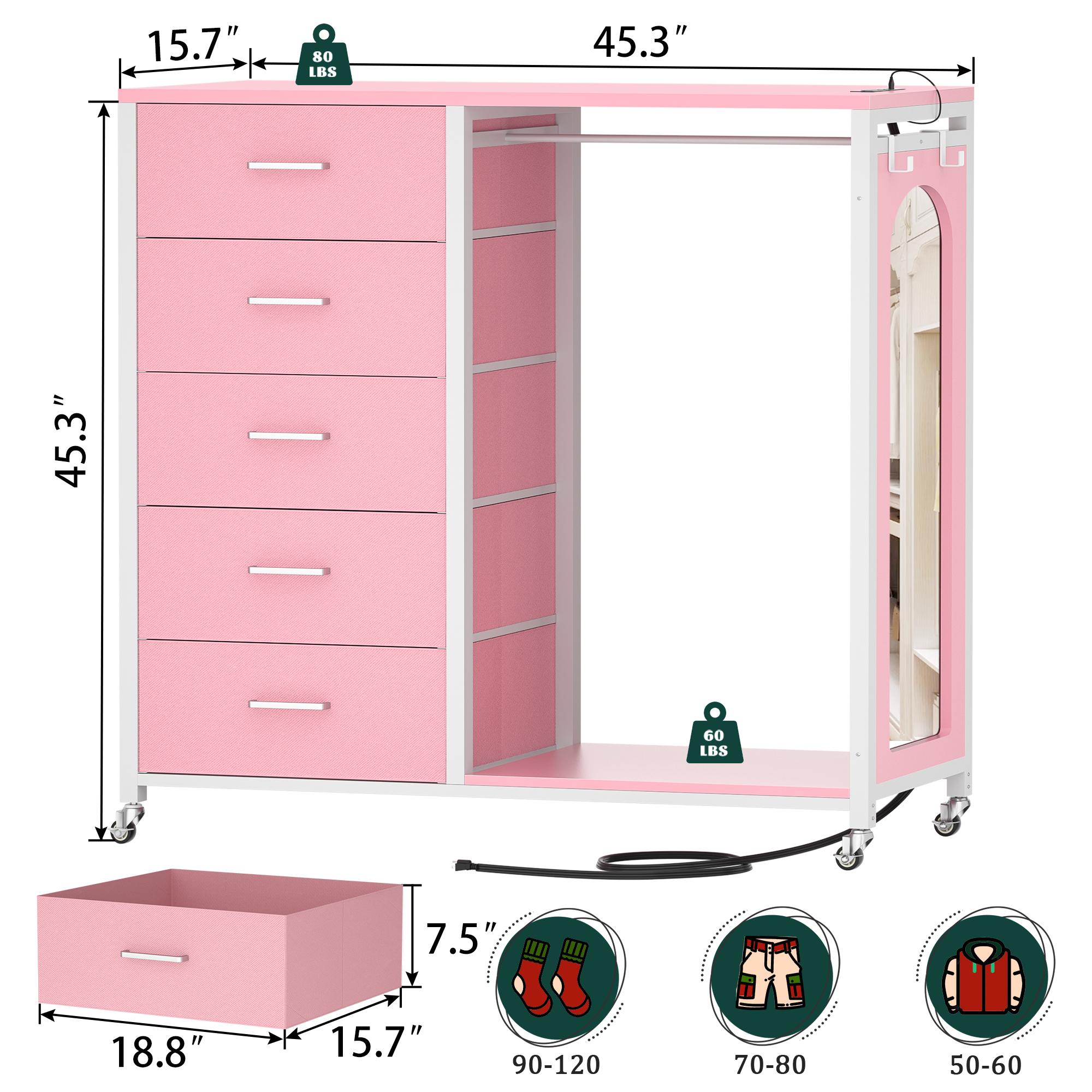 Cyclysio 45'' Dresser with Clothes Rack & Mirror, 5 Fabric Drawers Dresser with Charging Station & LED Lights, Rolling Chest of Drawers with Wheels