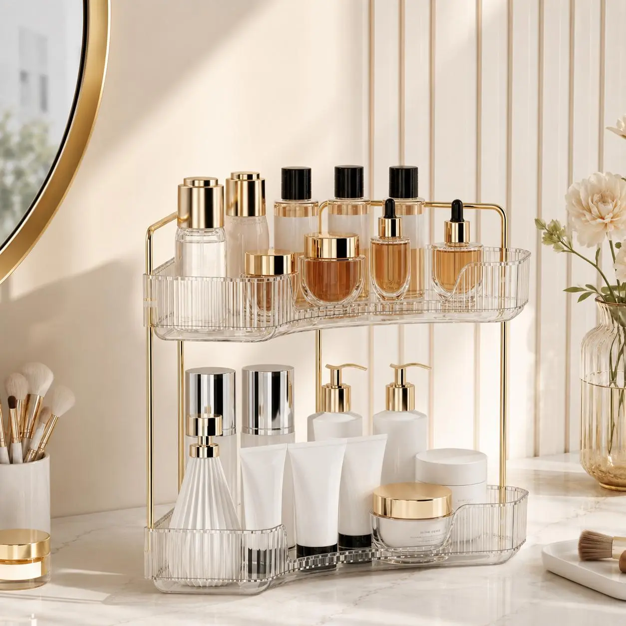 Corner Vanity Organizer with 2-Tier Clear or 3-Tier Amber Gold Options, Multi-Level Countertop Storage Rack with Detachable Raised-Edge Trays for Makeup, Skincare, Perfume, Bathroom, Bedroom, Dorm, Apartment & Daily Essentials
