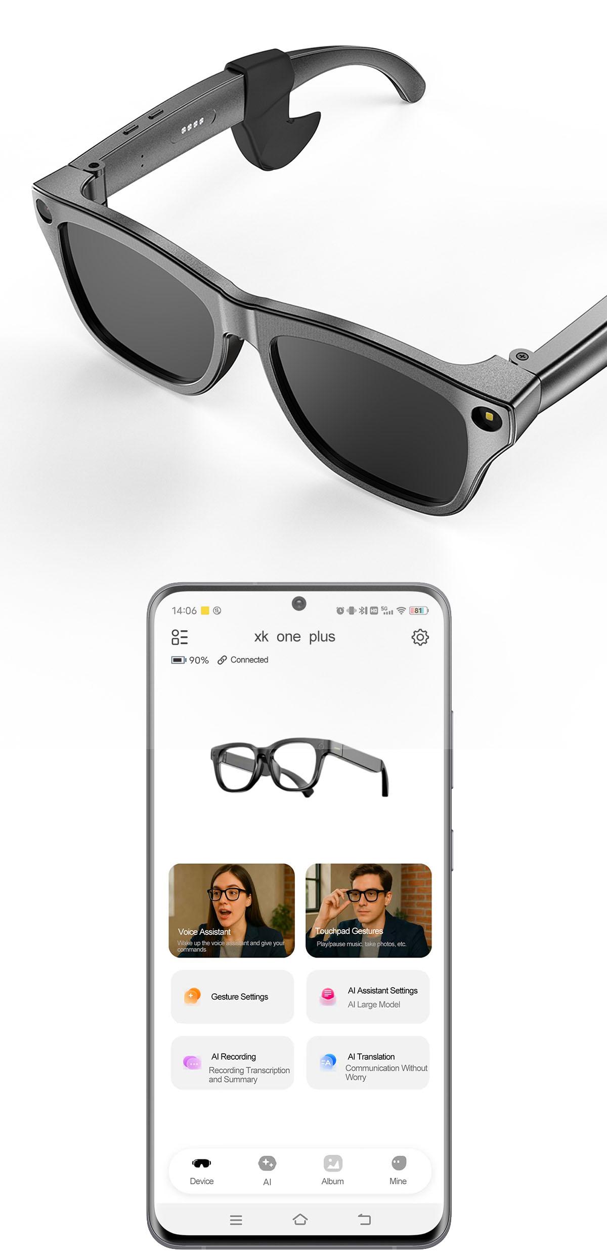 xk one pro AI wireless photo-taking glasses, equipped with an 800W camera for taking photos, AI object recognition, making and receiving calls, body-worn detection, AI translation, voice activation. Note: This product cannot record videos.