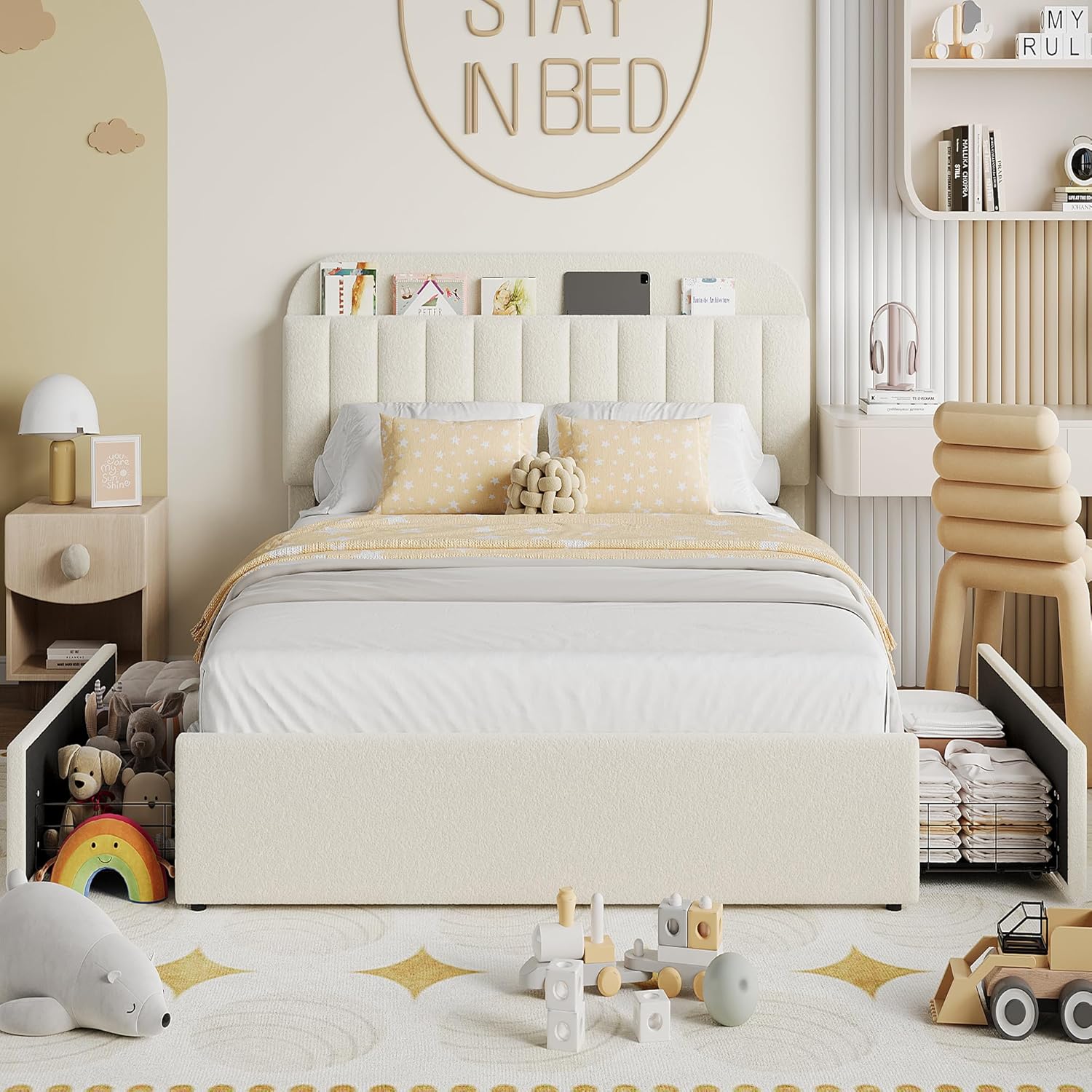 Twin Size Bed Frame with 2 Flexible Drawers, Boucle Upholstered Platform Bed Frame with Bookcase Headboard, Bedframe for Kids/Girls, Easy Assembly, No Box Spring Needed, Noise Free