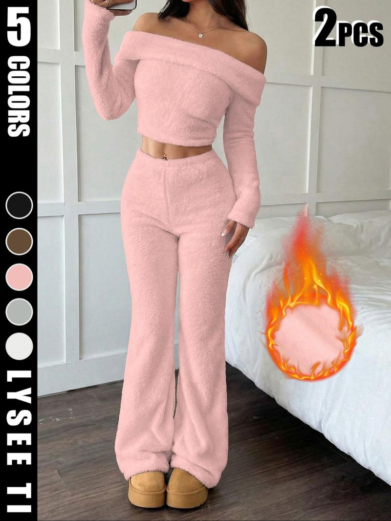 Autumn and winter women's soft plush suit, one shoulder short top+pants, milky white to show off temperament, suitable for both home and outdoor activities, lazy yet fashionable