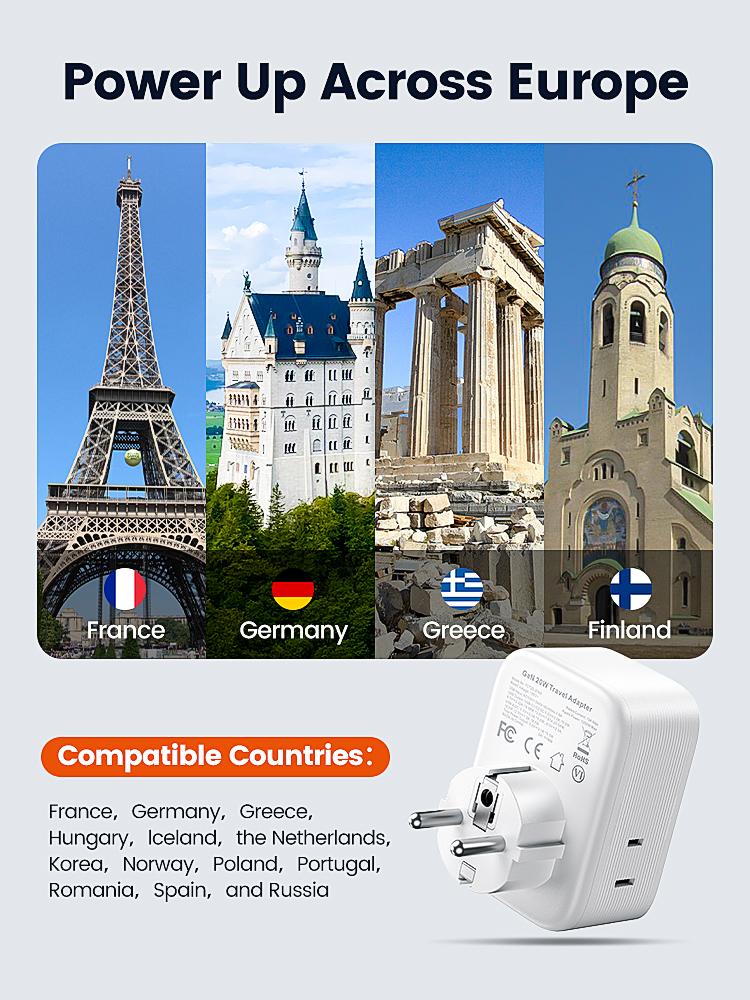 USA to Europe International Plug Adapter, Toocki Travel Adapter, (Single C port 20W Max, USB-A port 18W Max) with 3 AC, 2 USB-C, and 1 USB-A Port, Ideal for iPhone 15, iPad Air, and More,for USA to EU Germany France Iceland Italy  Greece fast charge