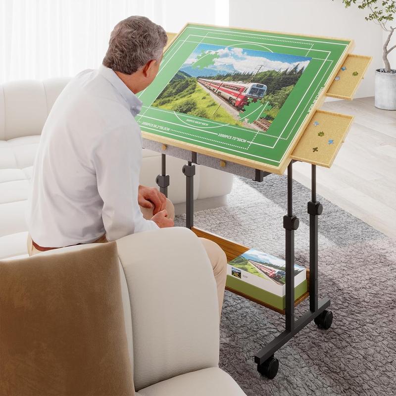 POZILAN 1500-2000 Piece Jigsaw Puzzle Table with Legs, Adjustable 5-Tilting-Angle Board with 6 Drawers with 4 Wheels for Adults