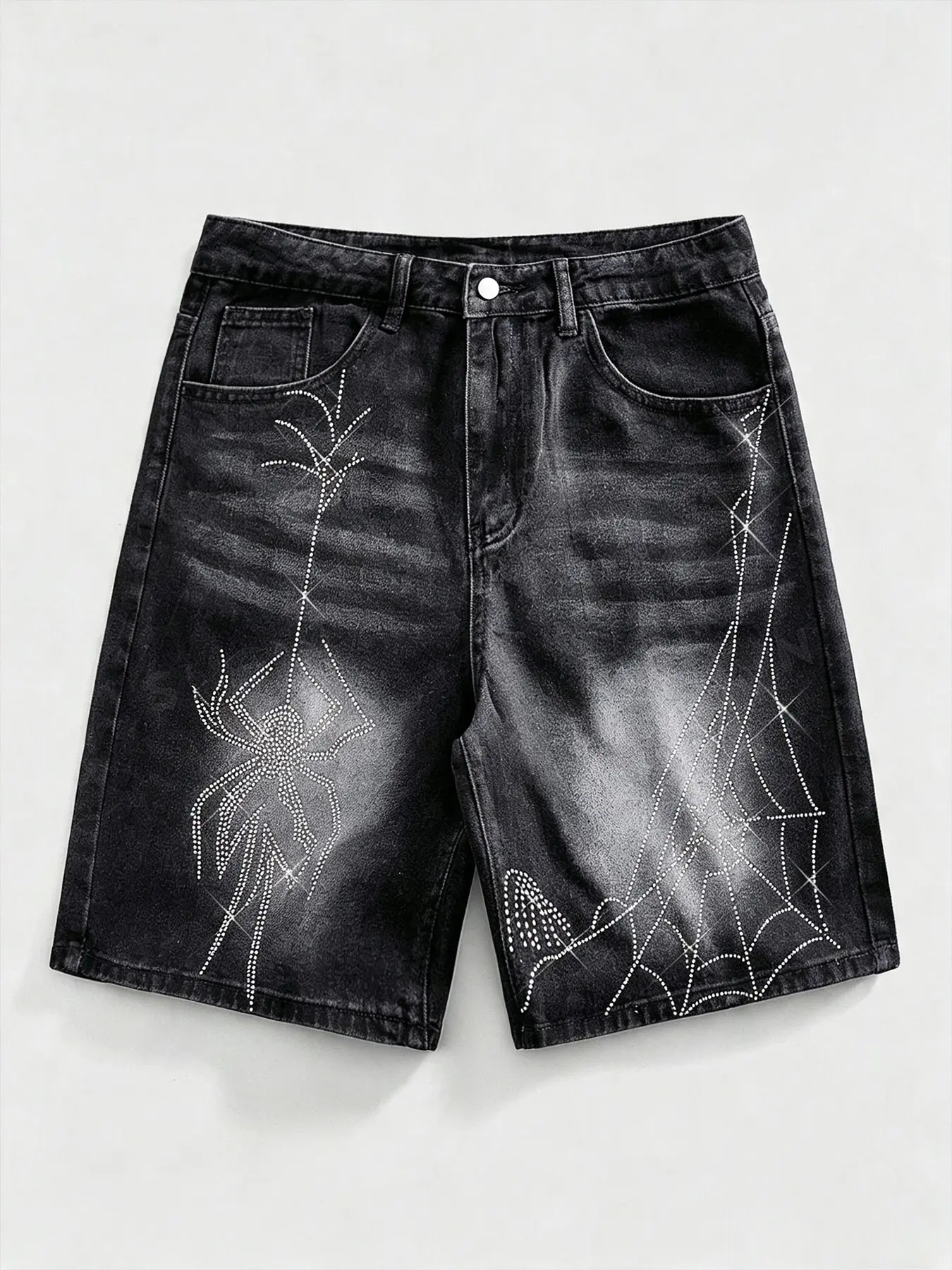 Unisex Loose Fit Jeans Shorts, Vintage Washed Spider Pattern, Gothic Y2K Hip Hop Streetwear, Men's & Women's Denim Bottoms