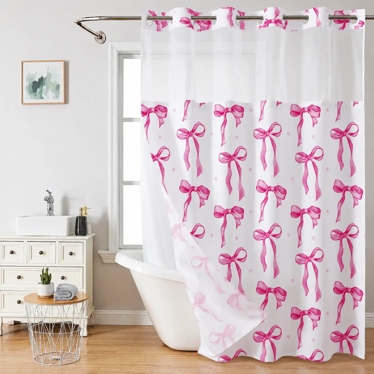 No Hook Shower Curtain with Polka Dot Bow Design, Double Layer Waterproof Bathroom Curtain with Sheer Top Mesh Window, 72x75 Inch