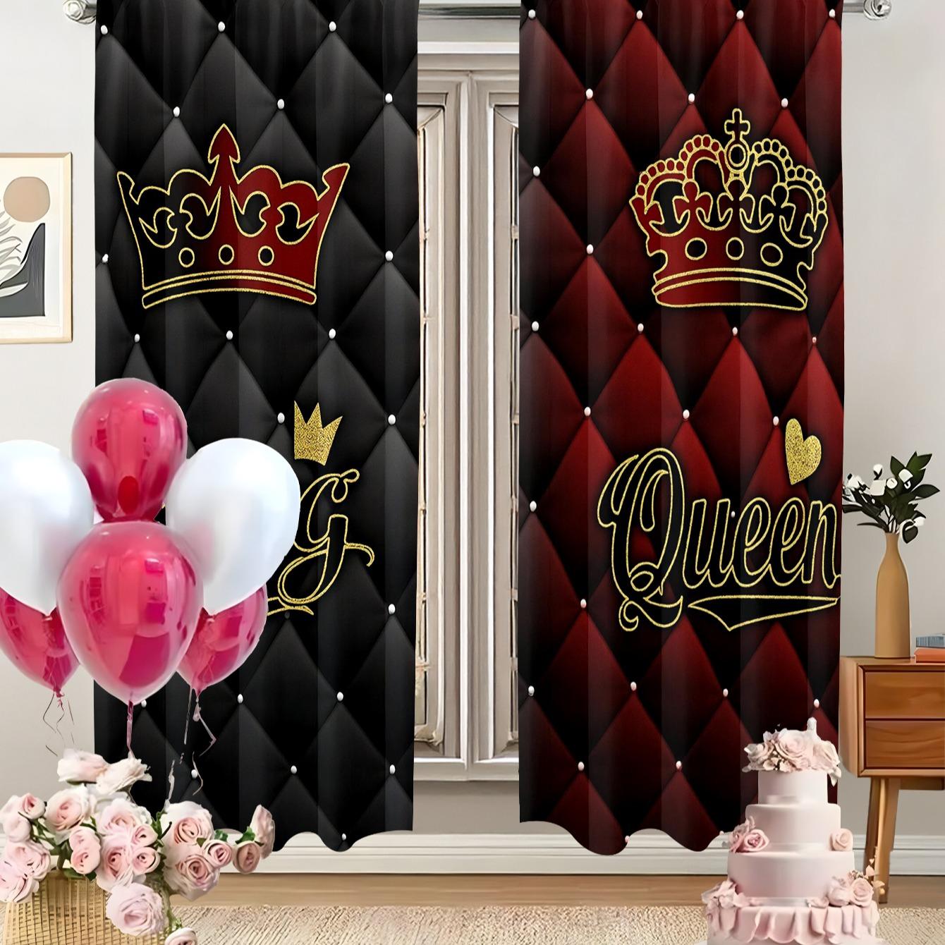 King & Queen Crown Pattern Curtains Set, Polyester Fiber Material, Light Luxury Palace Style, Rod Pocket Design, Suitable for Bedroom Living Room Decor, Window Curtain, Home Decoration Curtain