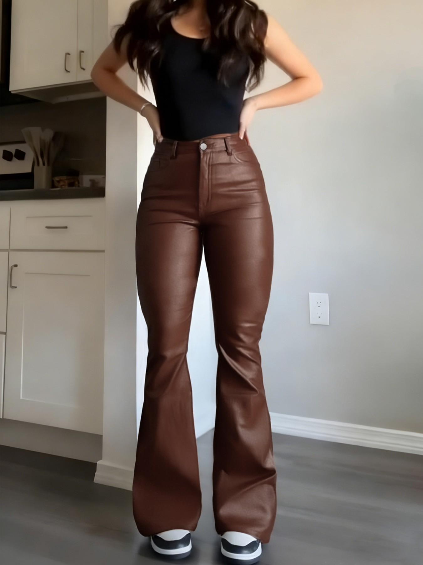 GILIPUR Y2K High Waist Coating Flare Leg Pants,Casual Lounge Pants Comfy Plain Button Pocket Trousers,Women's Ladies Bottoms For All Seasons Fall & Winter Clothes,Stretchy Coating  Flared Leg Pants,T-Chic