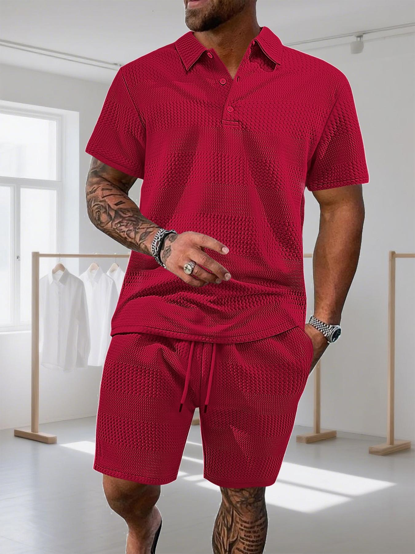 Two-Piece Set Men's Solid Color Textured Short Sleeve Polo Shirt & Drawstring Waist Shorts Set, Regular Fit Casual Fashion Cozy Breathable Two-piece for Summer, Men Clothes Set for Beach Vacation