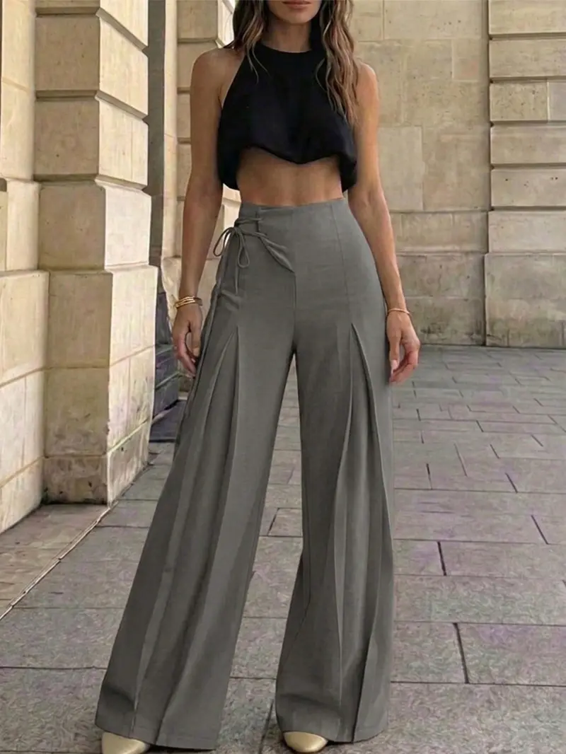 Women's Elegant Chic High-Waist Wide-Leg Pants, Casual Summer Long Pants, Loose Fit Retro Style Plain Bottoms