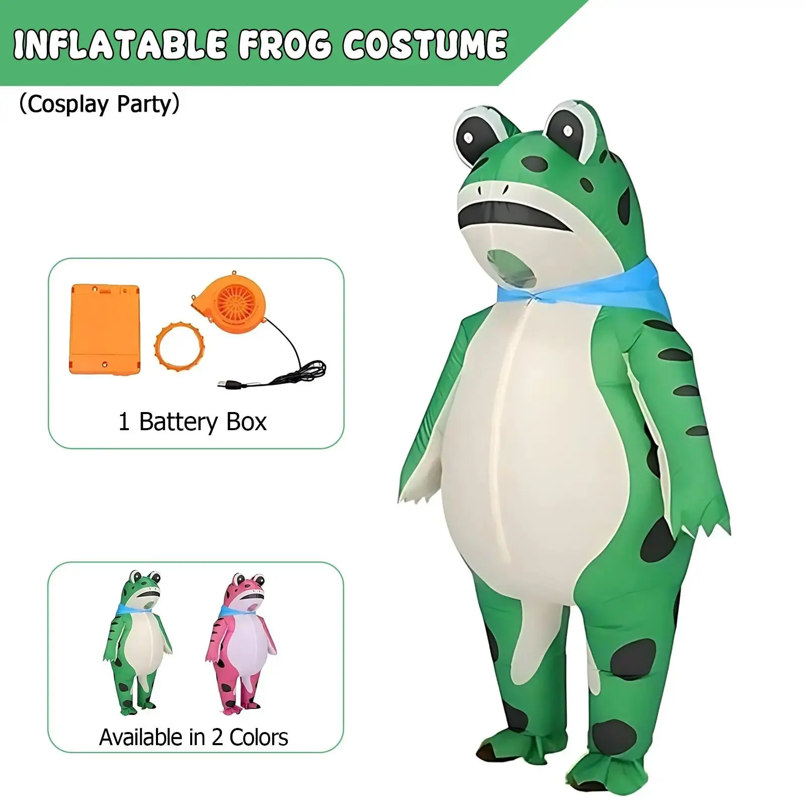 Adult Funny Frog Inflatable Mascot Costume, Cosplay, Fun Animal Shape, Unisex, Fits Height 59-75 Inches, Battery/USB Dual Power, Halloween Party Blue Clothes tail mermaid swimming