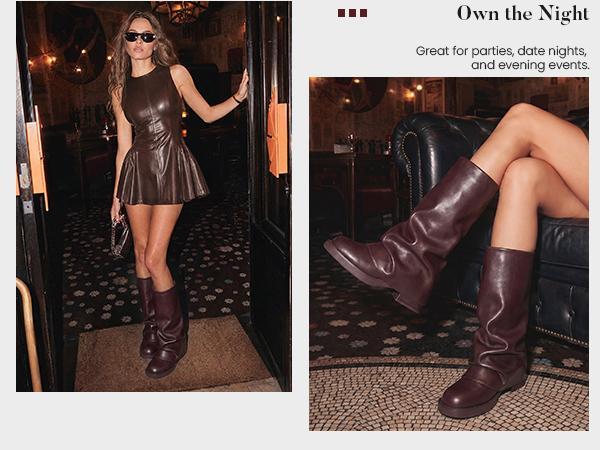 Athlefit Women's Slouchy Fold Over Boots Wide Calf Chunky Platform Low Heel Square Toe Pull On Mid Calf Boots