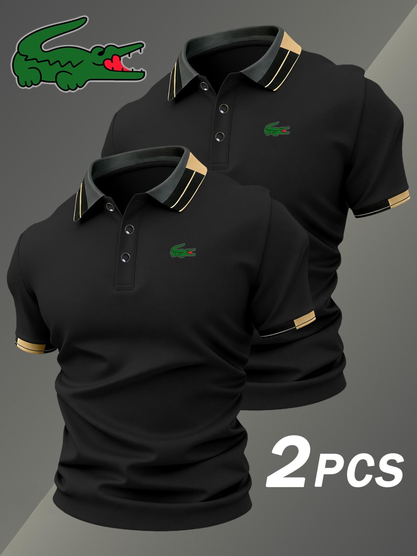 Men's Crocodile Print Polo Shirt, Elastic Classic Casual Breathable, Four-Season Wear, Comfortable Durable Polo, Two-Piece Set