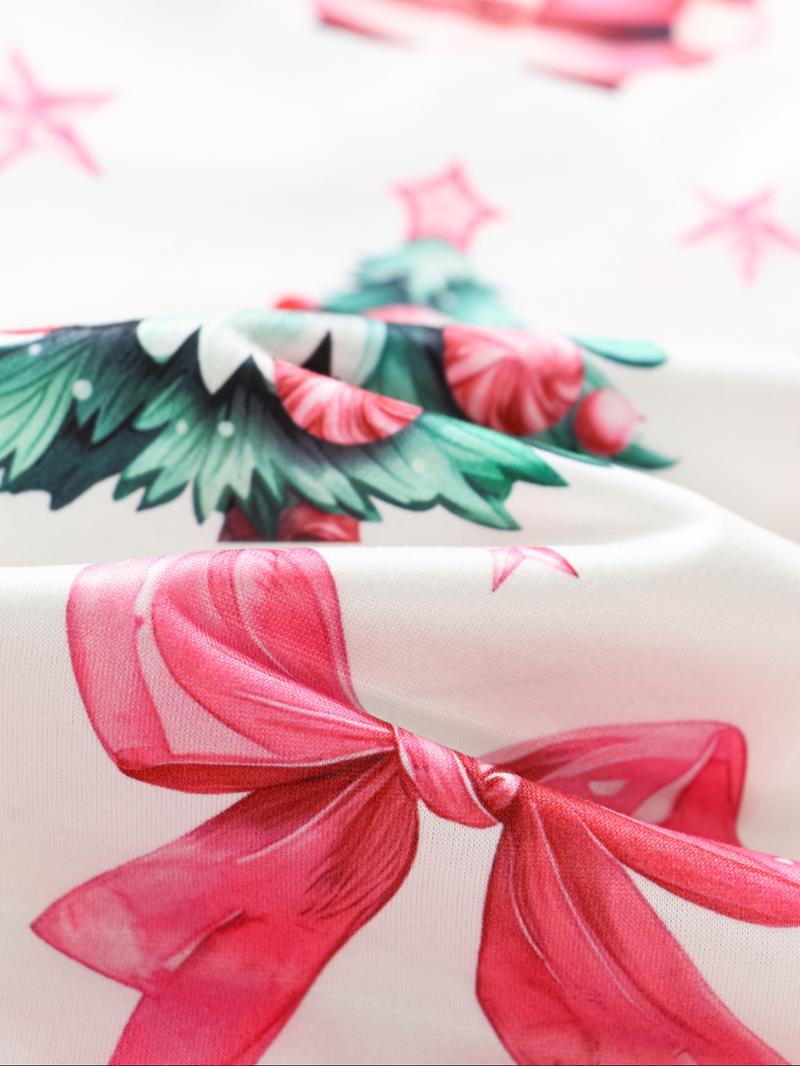 Women's Christmas Santa Gift Pajama Set, Round Neck Long Sleeve & Loose Comfortable Pants, Casual Fitted Sleepwear Loungewear for All Seasons