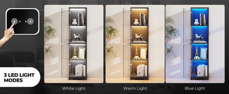 BROTTAR Display Cabinet with Glass Doors, 4-Tier Display Case with 3 Color Lights for Collectibles, Display Shelves with Human Body Sensor, Black BROTTAR Display Cabinet with Glass Doors, 4-Tier Display Case with 3 Color Lights for Collectibles, Display Shelves with Human Body Sensor, Black