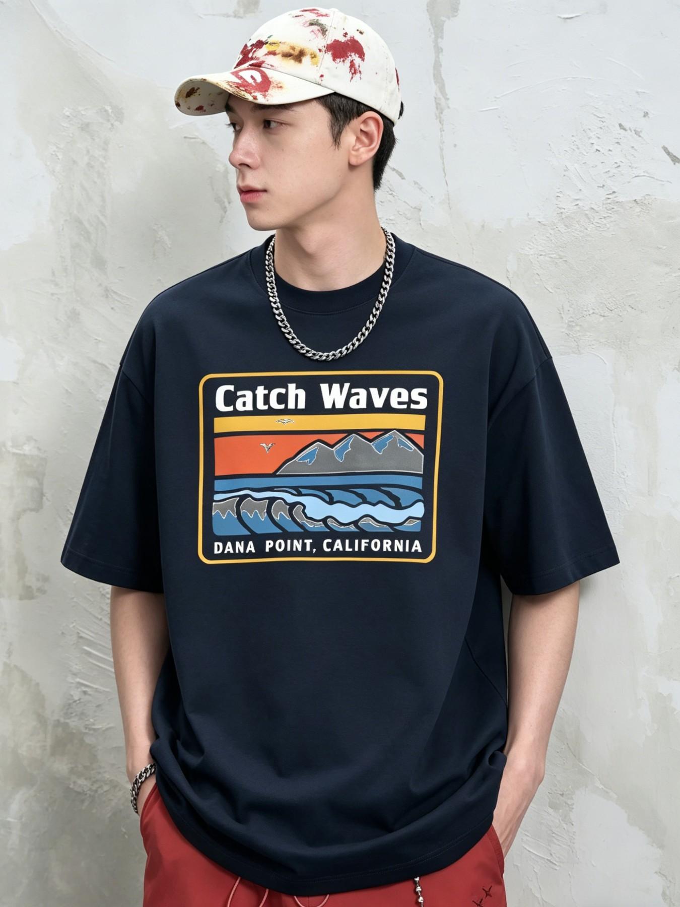 Men's Catch Waves Surfing Style Cotton T-Shirt, Loose Fit Short Sleeve Top, American Vintage Design, Long Clothing Length