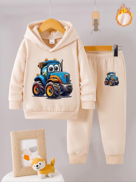 Boys' Fall Winter Fleece Set, Cartoon Tractor Print Hoodie & Jogger Pants, Casual Warm Fashion for Kids, Perfect Gift Idea, Clothes Kids