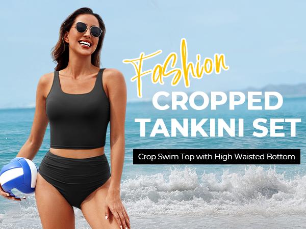 Tempt Me Women Two Piece Tankini Swimsuits - Crop Swim Top with High Waisted Bottom Tummy Control Bathing Suits Swimwear