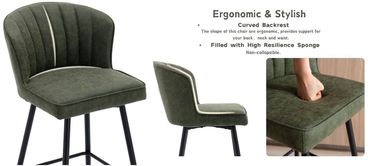 CHAIRUS  Modern Counter Height Bar Stools Set of 2,25.5 Inch Counter Stool Armless Bar Chairs with Metal Legs, Footrest,Leather Waterproof Barstools with Back,Thickened Upholstered Bar Chairs Island Stools for Kitchen,Bar,Pub,Green