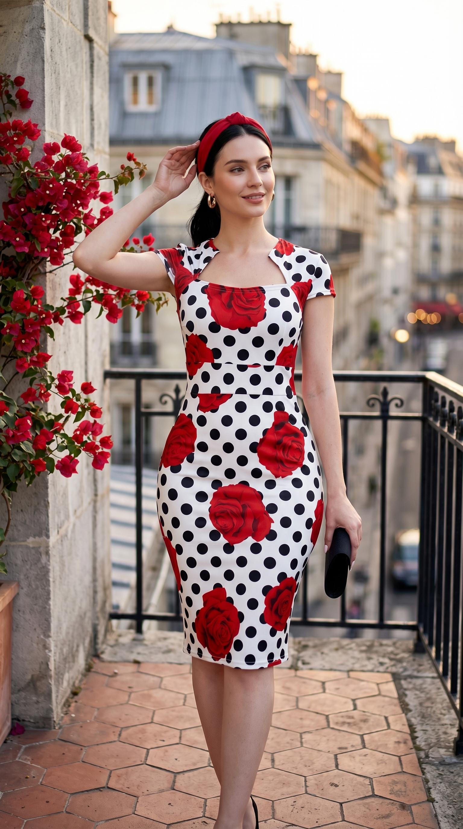 Vintage Cocktail Dress Cap Sleeve 1950s Retro Pencil Dress Wear to Work Dresses for Women Summer Hot Fashion Dress Polka Dot Rose Print Square Neck Short Sleeve Bodycon Dress
