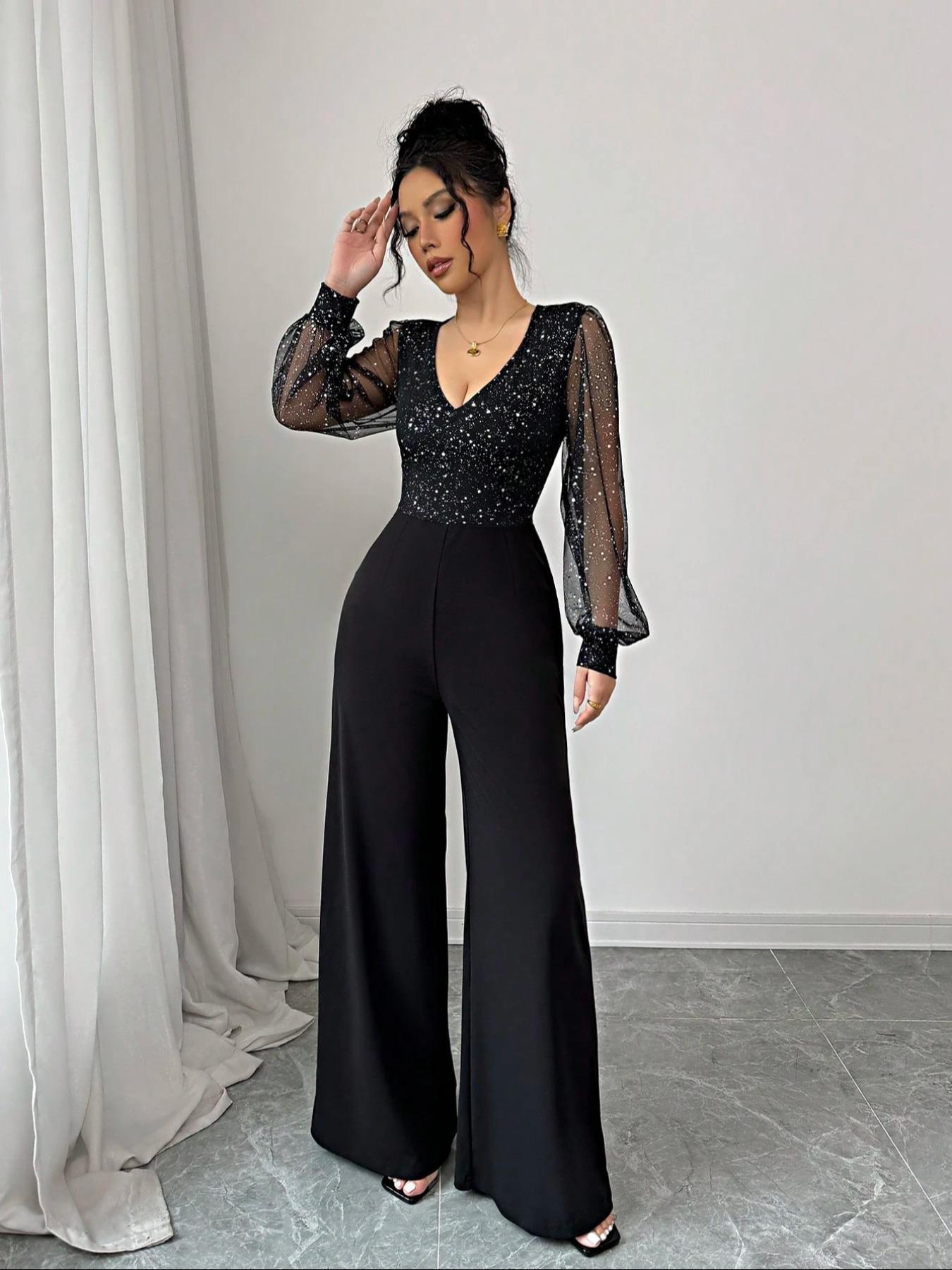 Women's Fashion Evening Sexy Elegance Mesh Sequin Patchwork Deep V Neck Long Sleeve Fitted High Waist Jumpsuit, Spring Summer Fall Wide Leg One-Piece Pants