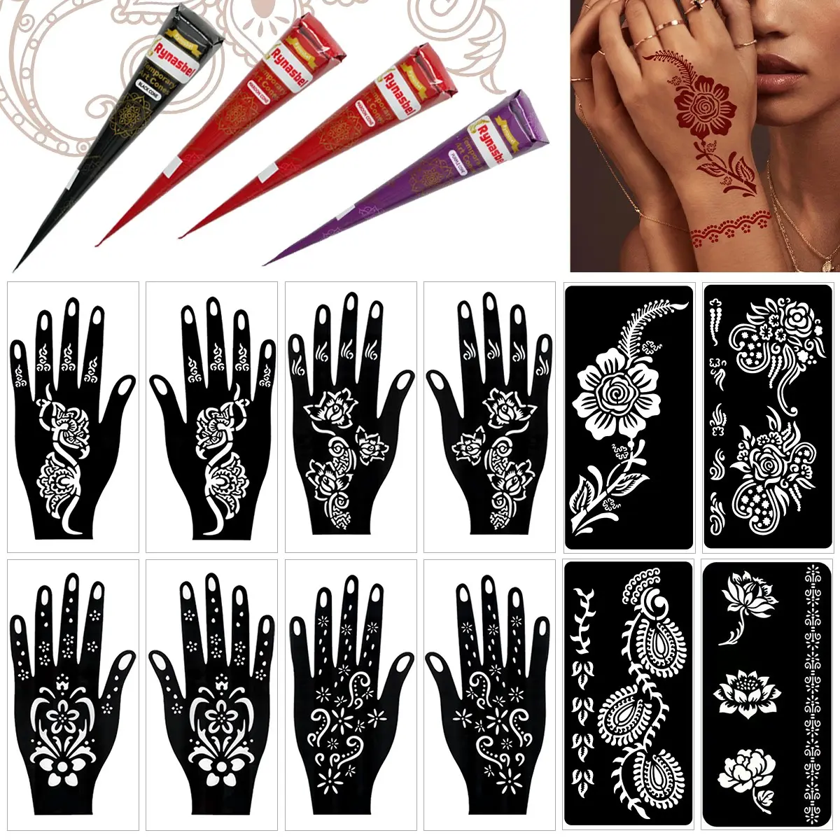 Hand Tattoo Template Set with 4 Temporary Tattoo Gels, Multi-Pack Gel-Based Body Art Kit, Easy-To-Use Transient Tattoos