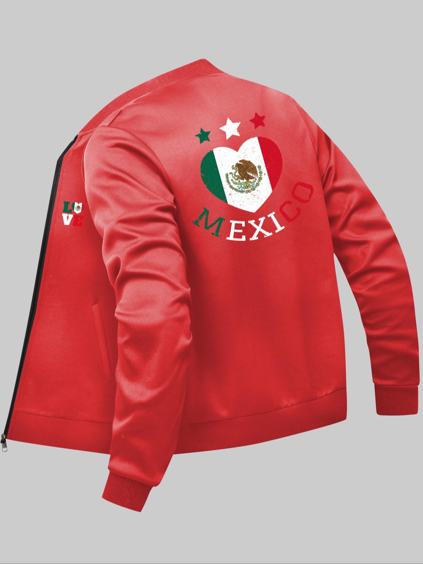 Men's Mexico Flag & Heart Print Zip Up Baseball Collar Jacket, Regular Fit Casual Long Sleeve Pocket Outerwear for Daily Wear, Fashion Men's Clothes for All Seasons