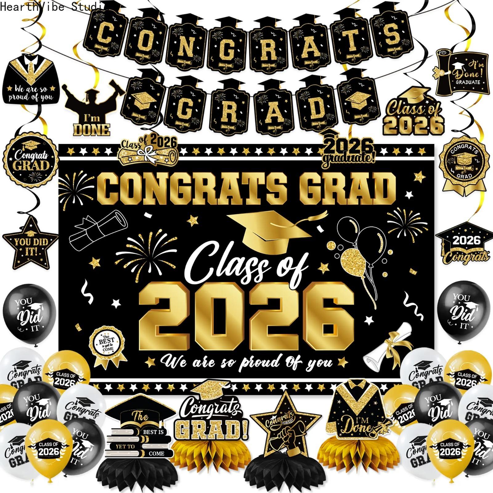 2026 Graduation Decorations Set, Complete Black & Gold Kit with Backdrop & Balloons, Elegant Congrats Banner for High School, Aesthetic Supplies for Home, Summervibes Edition, Graduation Decorations 2026
