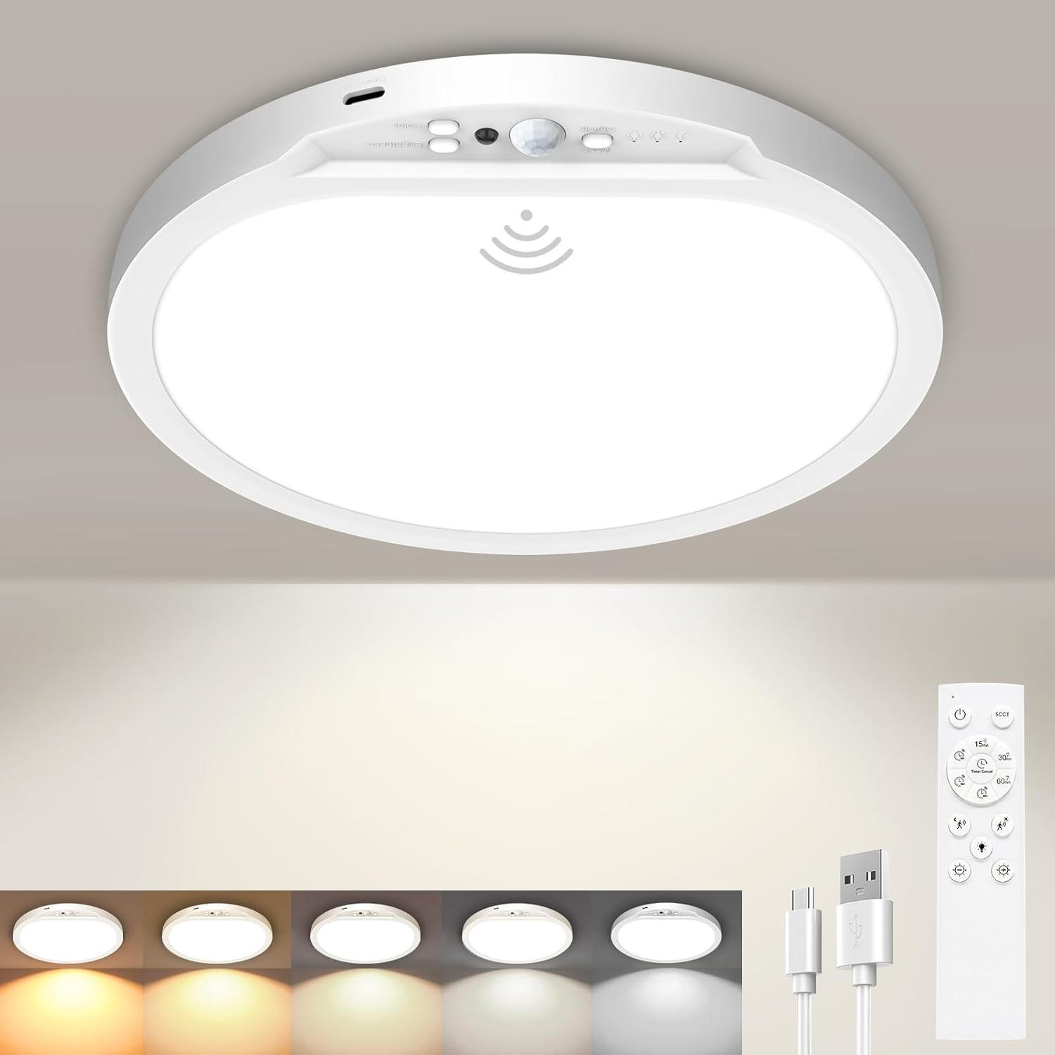 Rechargeable Motion Sensor Ceiling Light with Remote, 5 Color Magnetic ...