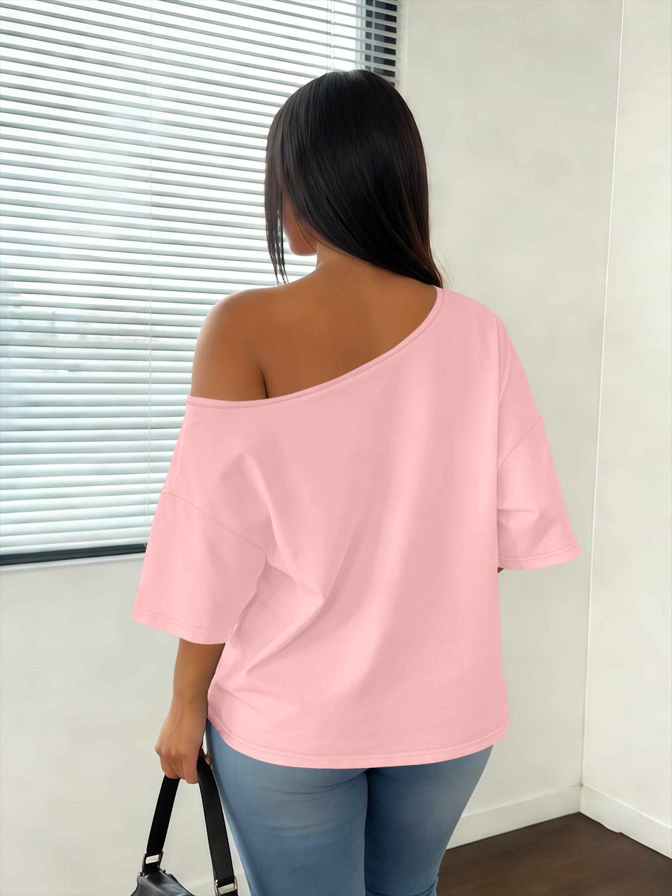 Plus Size Women's Asymmetrical Shoulder Top, Trendy Fashion Short Sleeve Blouse, Thin Lightweight Fitted Daily Wear for Plus Size Ladies Plus Size Women's Asymmetrical Shoulder Top, Trendy Fashion Short Sleeve Blouse, Thin Lightweight Fitted Daily Wear for Plus Size Ladies