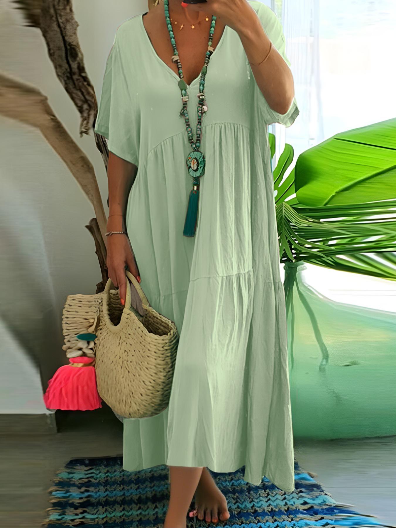 Plus Size Women's Summer Casual Loose V-Neck Plain Long Dress, Bohemian Boho Style, Short Sleeve, Tiered Layer, Spring & Fall Fashion
