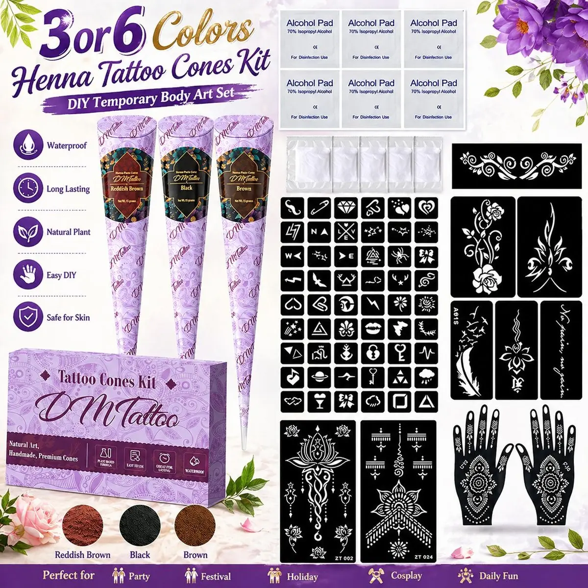 Henna Tattoo Kit, 3/6-Color DIY Body Art Set with Stencils, Face & Body Cosmetic, Makeup, Waterproof Temporary Ink with Natural Safe Formula for Parties and Festivals, Waterproof Body Paint