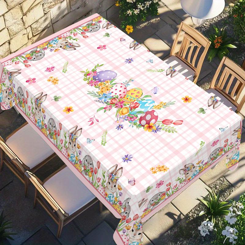Rectangular Easter Tablecloth, Cartoon Rabbit & Egg Design, Spring/summer Floral Pattern, Perfect for Holiday/easter Decorations, Picnic Table Cover
