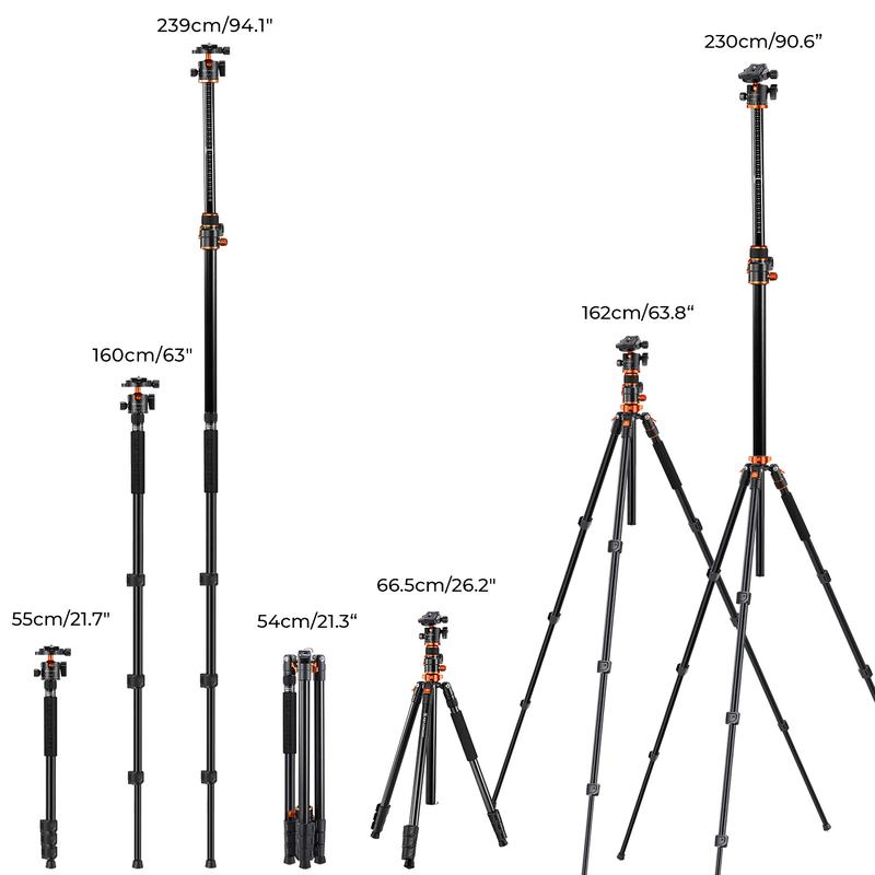 【K&F CONCEPT】 90 inch/230cm Ultra High Camera Tripod,Horizontal Overhead Shooting Travel Tripods with Metal Ball Head 10KG Load Capacity,Detachable Monopod, for Indoor and Outdoor Use T254A7+BH-28L