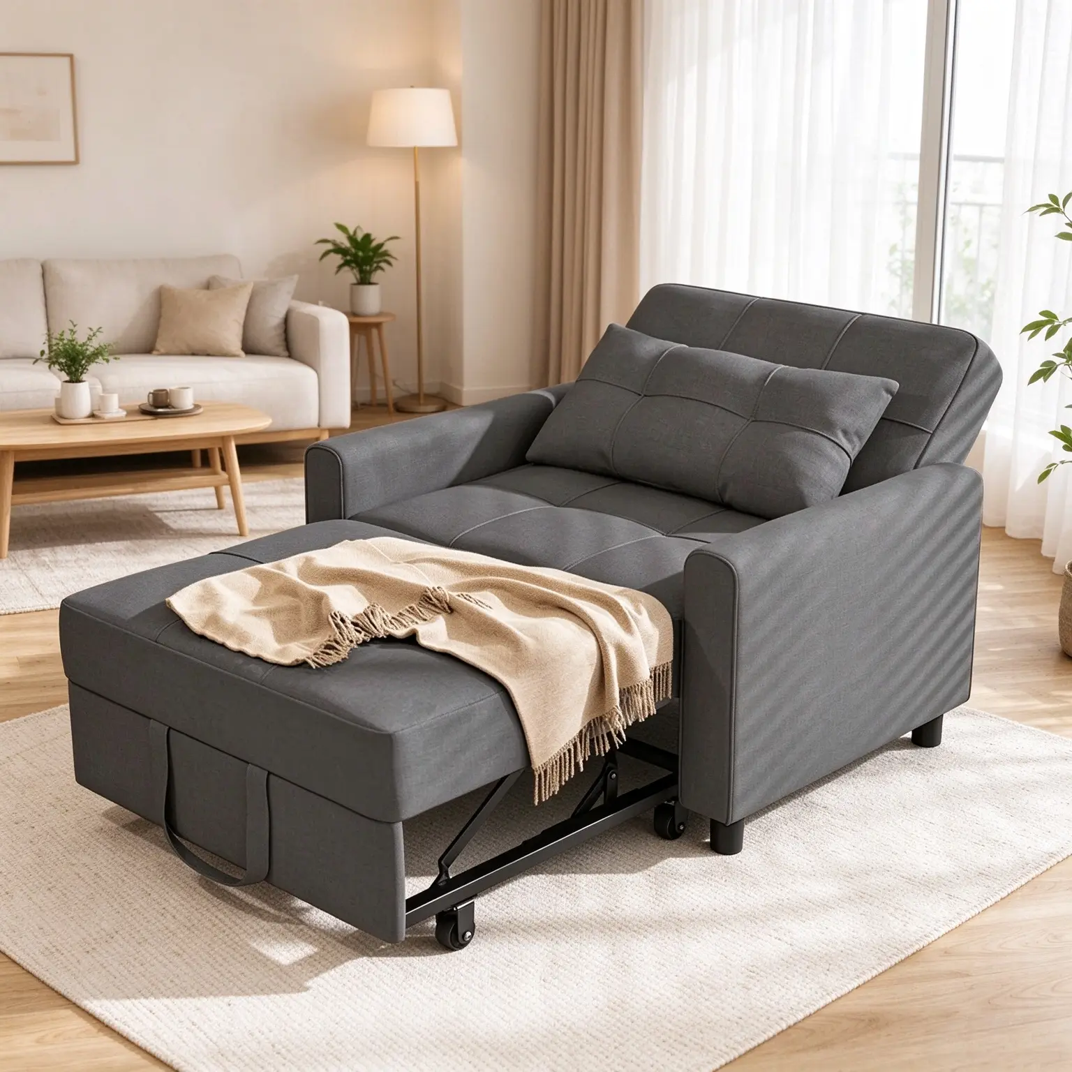 3 In 1 Adjustable Sleeper Sofa Chair Bed With Storage Pocket, Convertible Pull Out  Sleeper Bed , Adjustable Backrest ,Modern Soft Fabric Muebles Para Sala Furniture For Living Room ,BedroomApartment,Office,Dark  Grey